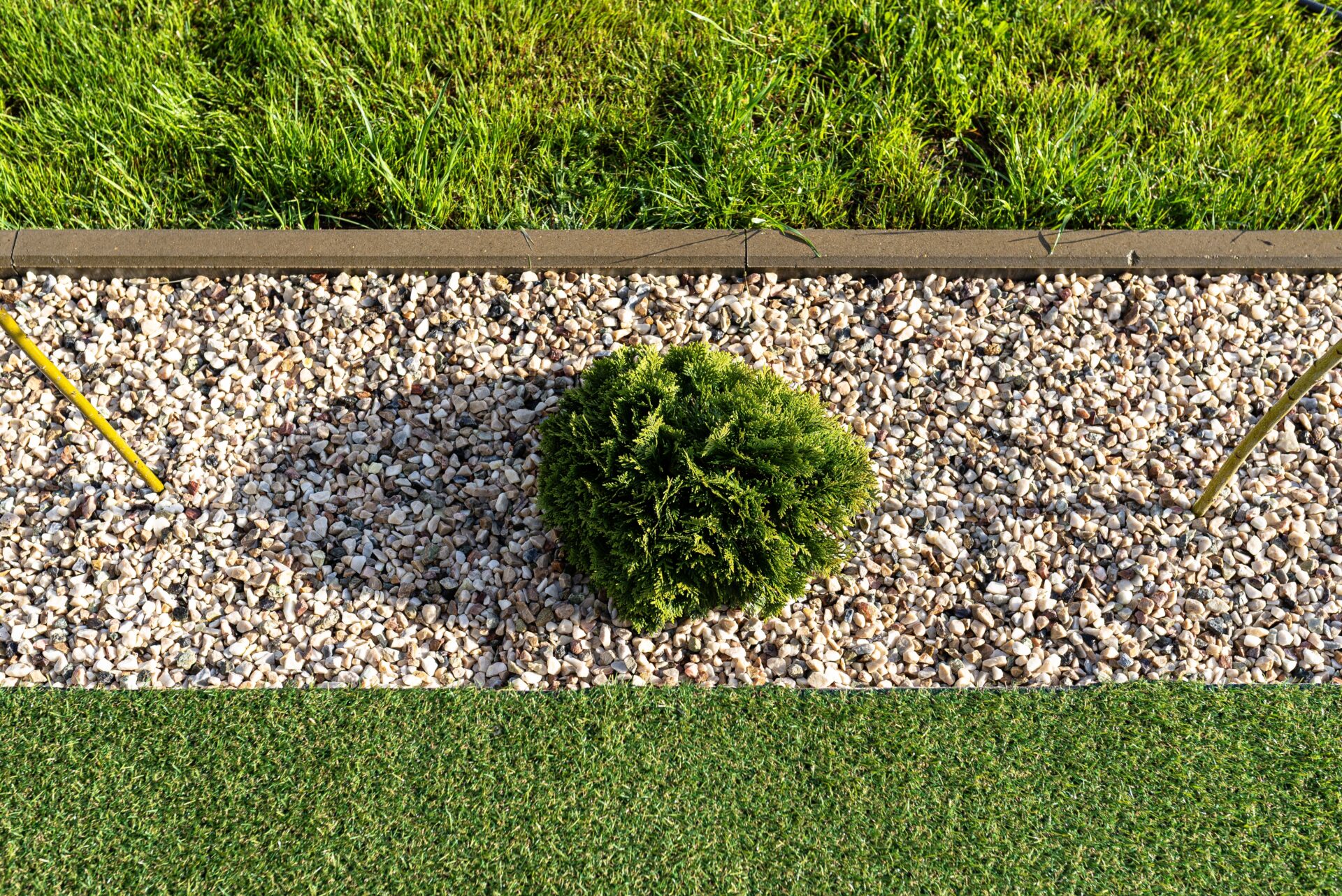 A neat garden bed filled with small light-coloured pebbles and a single green shrub.